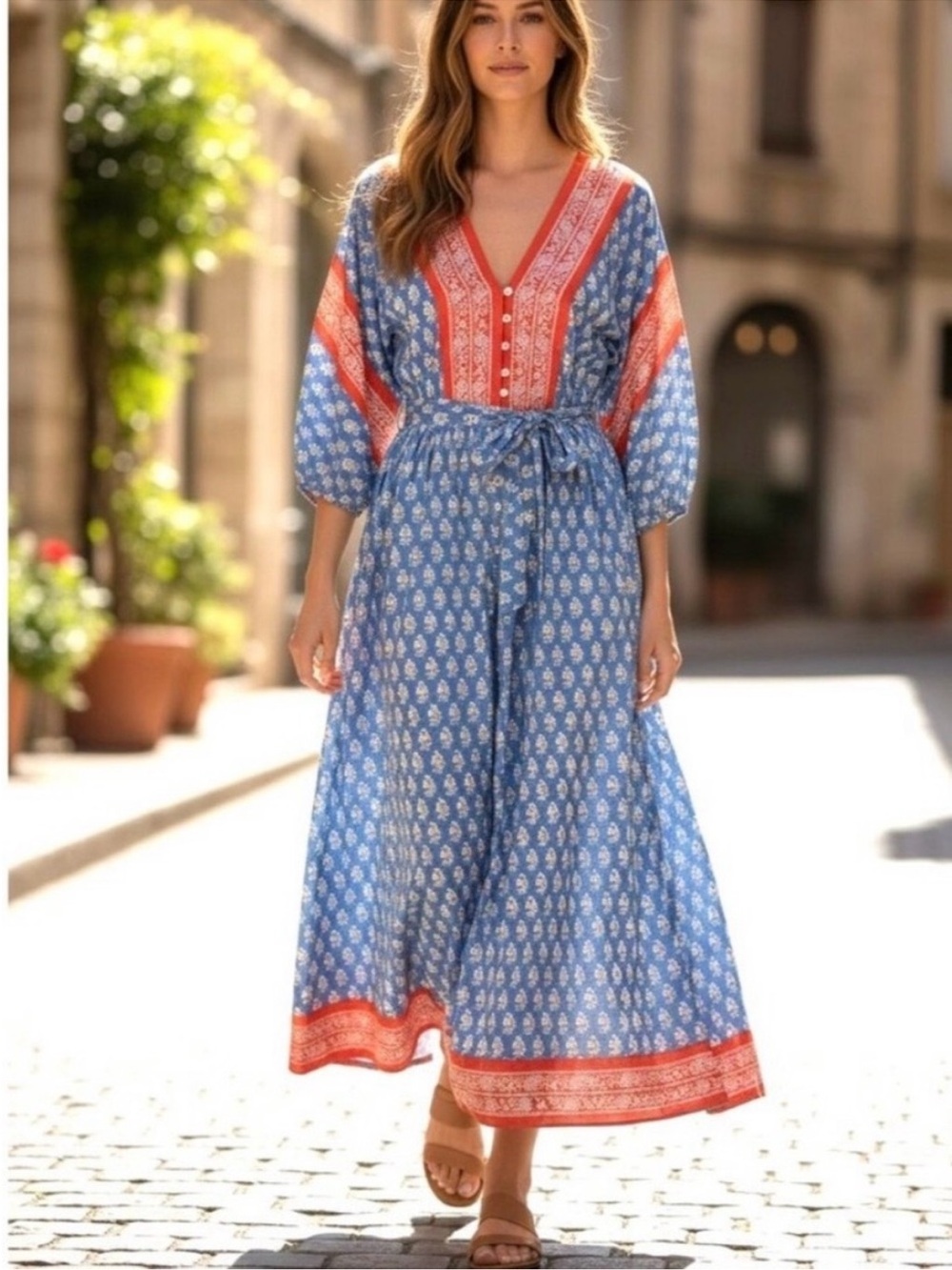 J. Crew 100% Cotton Boho Red & Blue Floral Tie-Waist Midi Dress Sz Small